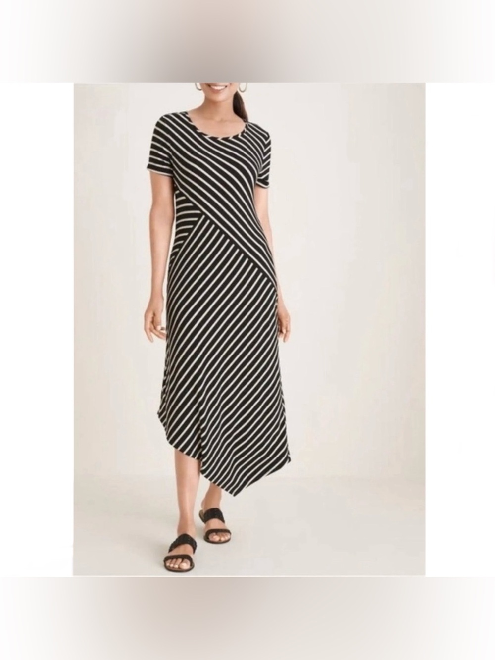 Chicos Travelers Black & White Diagonal Stripe Maxi Dress Asymmetrical Hem 12-14